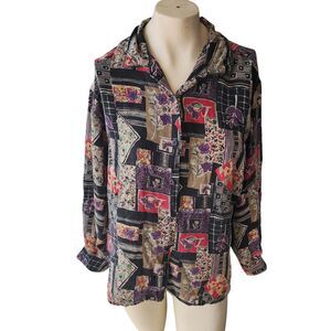 Anna and Frank Blouse Womens SZ L Silk Ecclectic Vintage Artsy Mature Patchwork